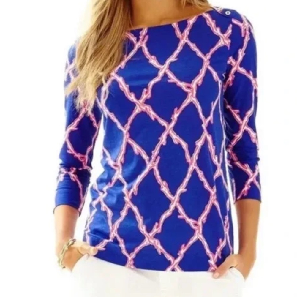 Lilly Pulitzer Size S Alidi Top Blue Pink Gold Buttons 3/4 Sleeves Women’s